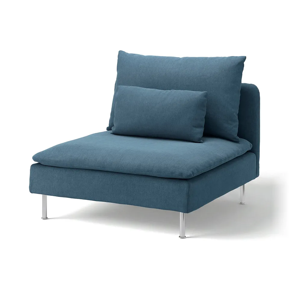 A blue SÖDERHAMN chair with cushions, modern design, and metal legs.