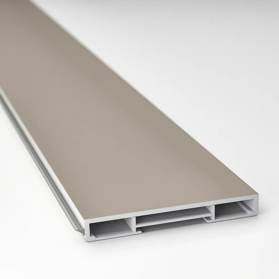Modern beige kitchen plinth, smooth finish, sleek design.