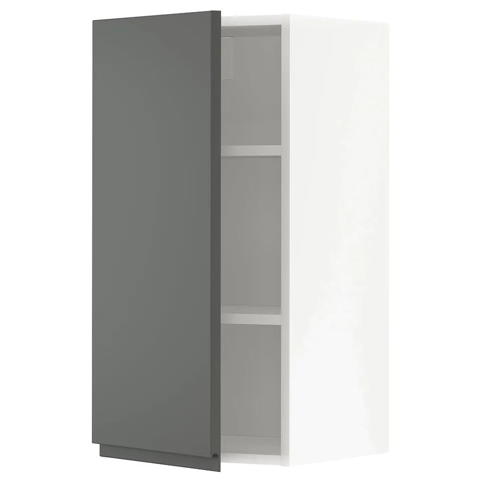 Grey slim cabinet, open, adjustable shelf.