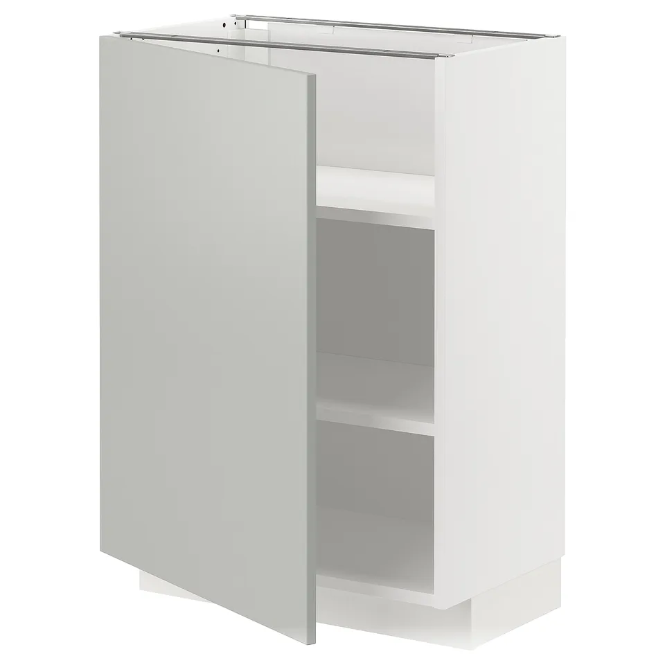 White ikea METOD kitchen cabinet with light grey shelves.
