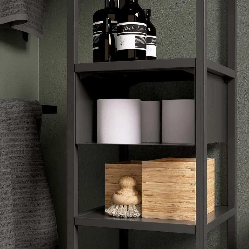 Shelf organiser with bottles, canisters, and brush. ENHET series, keeps items secure and dust-free.