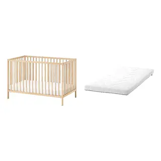 KRUMMELUR/SNIGLAR set: cot + foam mattress for cot, birch, 60x120 cm