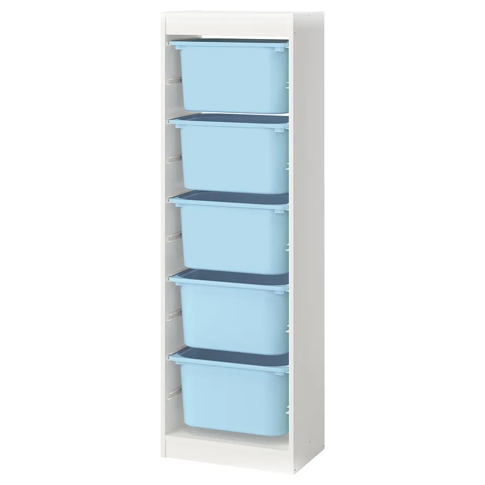 An ikea TROFAST storage unit with five light blue plastic boxes on a white frame, designed for organizing childrens toys.