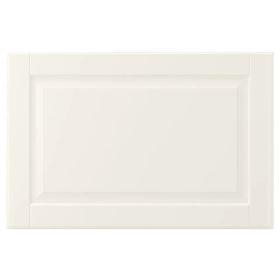 A white BODBYN cabinet door with a smooth, bevelled panel design, made of polyurethane-painted fiberboard, featuring a classic, rectangular shape.