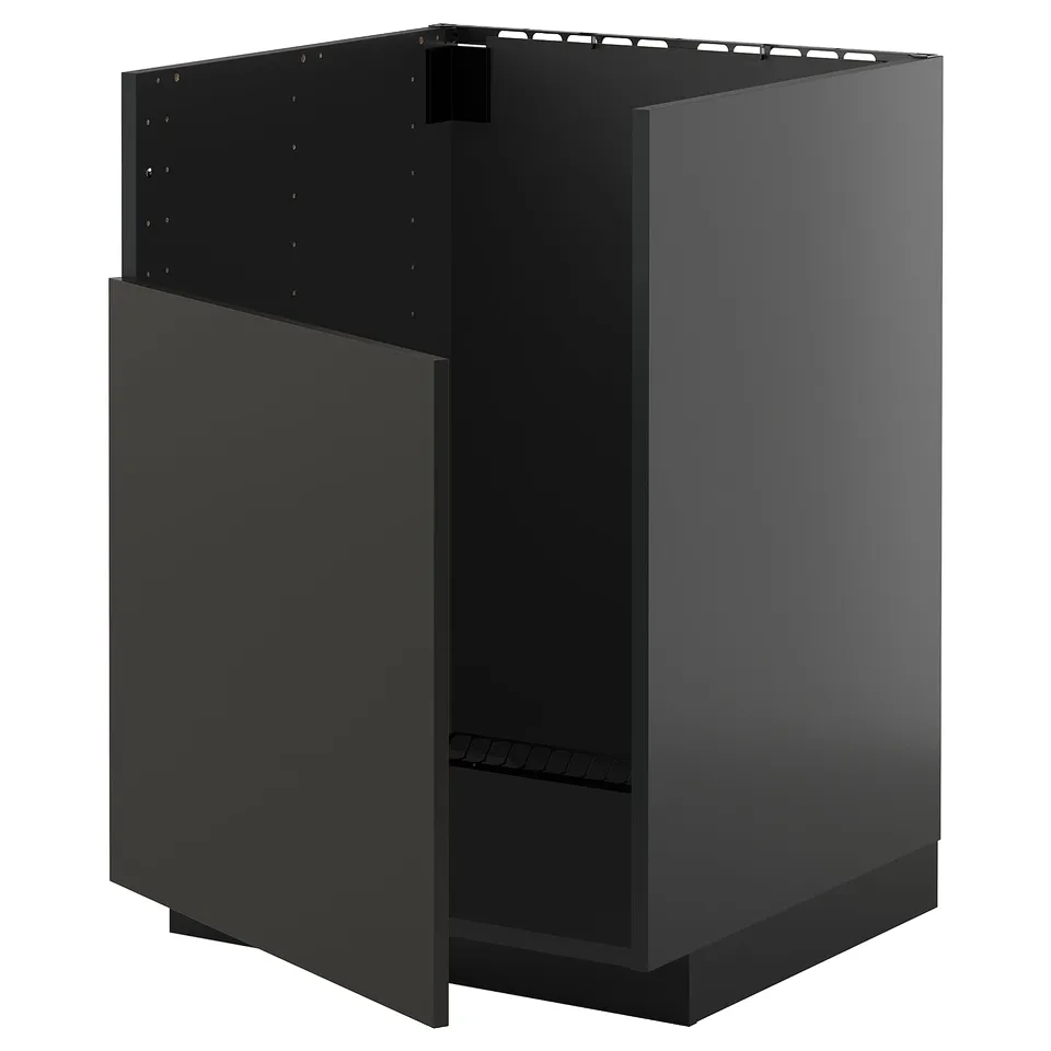 Displays a modern black kitchen cabinet, part of the METOD system. It clean lines and minimalist design.