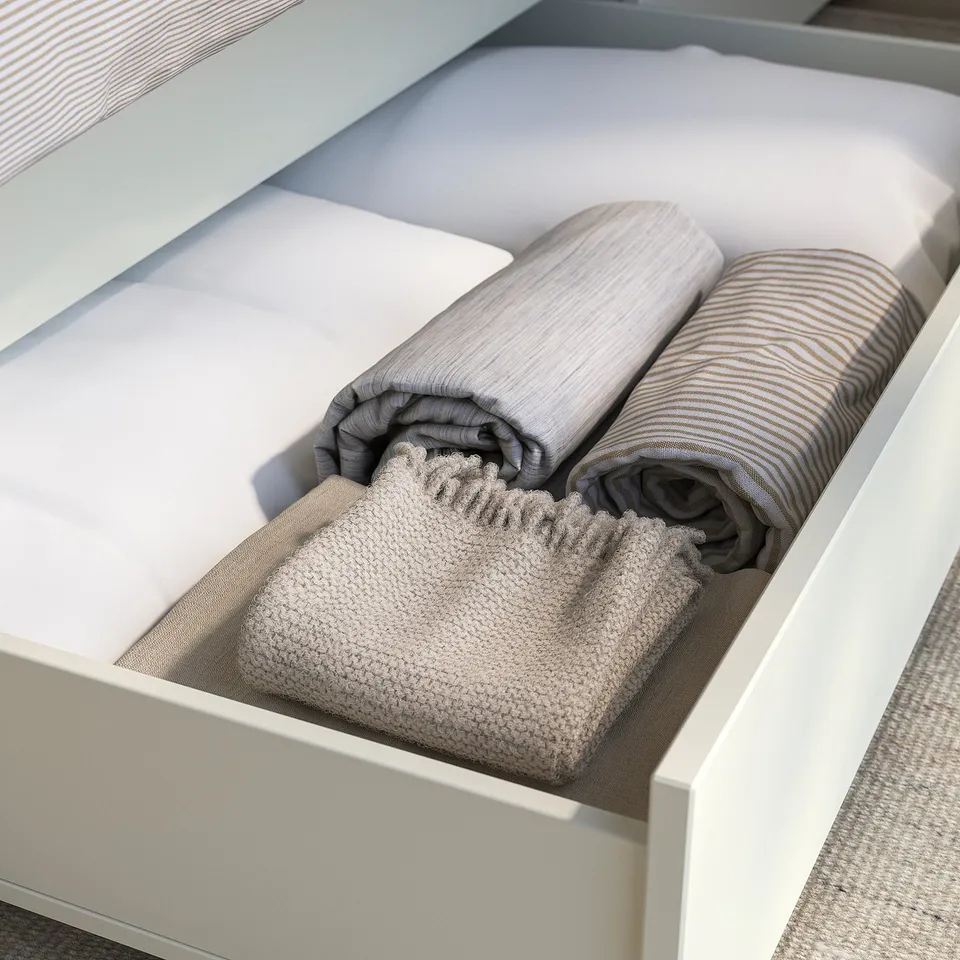 Bed drawer with folded blankets. Drawers on castors for smooth rollout.