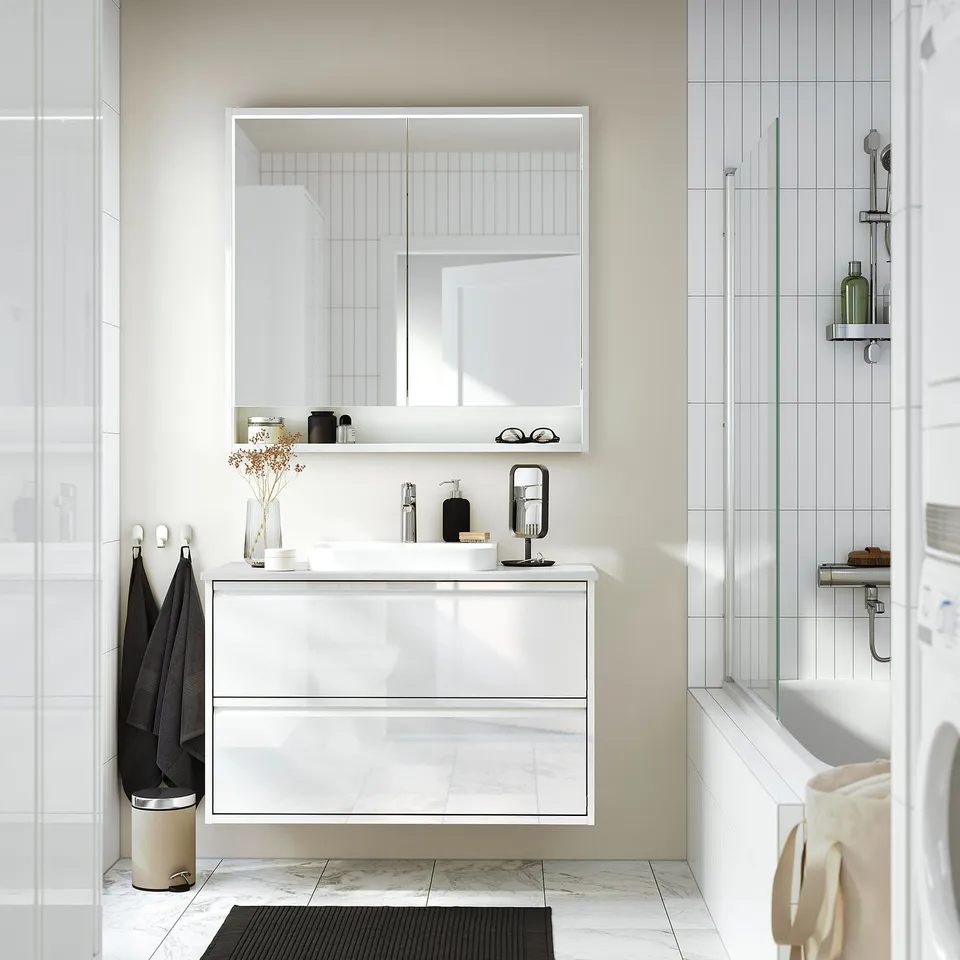 part: FAXÄLVEN mirror cabinet w built-in lighting