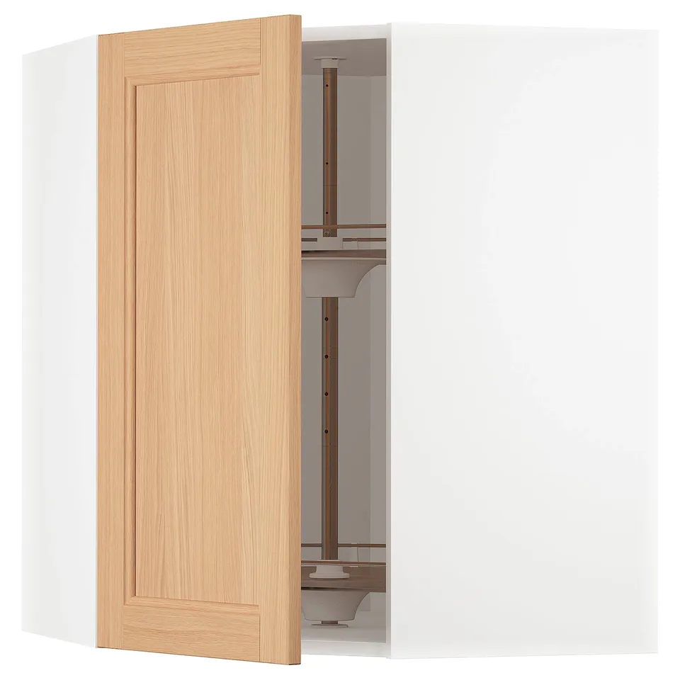 An open light wood-colored kitchen cabinet with an adjustable glass shelf and internal storage carousel.