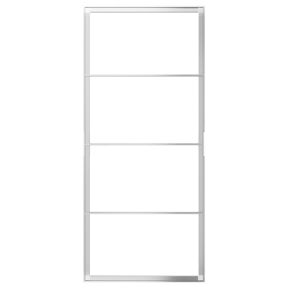 A SKYTTA sliding door frame, which is silver and minimalist in design.