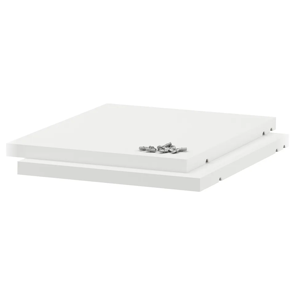 A white UTRUSTA shelf set with melamine foil; its square-shaped and 18mm thick.