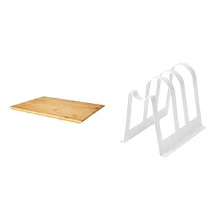 cutting board + stand set: chopping board + cutting board and lid stand, bamboo + white, Length 33 x Width 22 cm