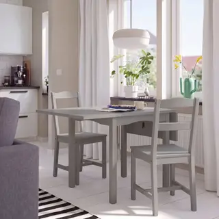 HAUGA set: dining table + chair x2, grey/birch veneer + grey, Height 75 x Width 74 x Length 82 cm