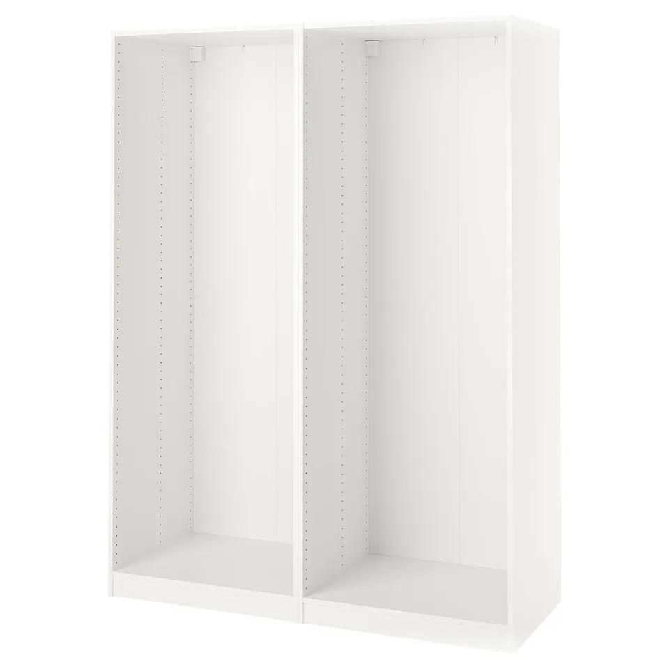 A white ikea PAX wardrobe frame. Its rectangular, with a smooth, modern design, and adjustable feet for stability.