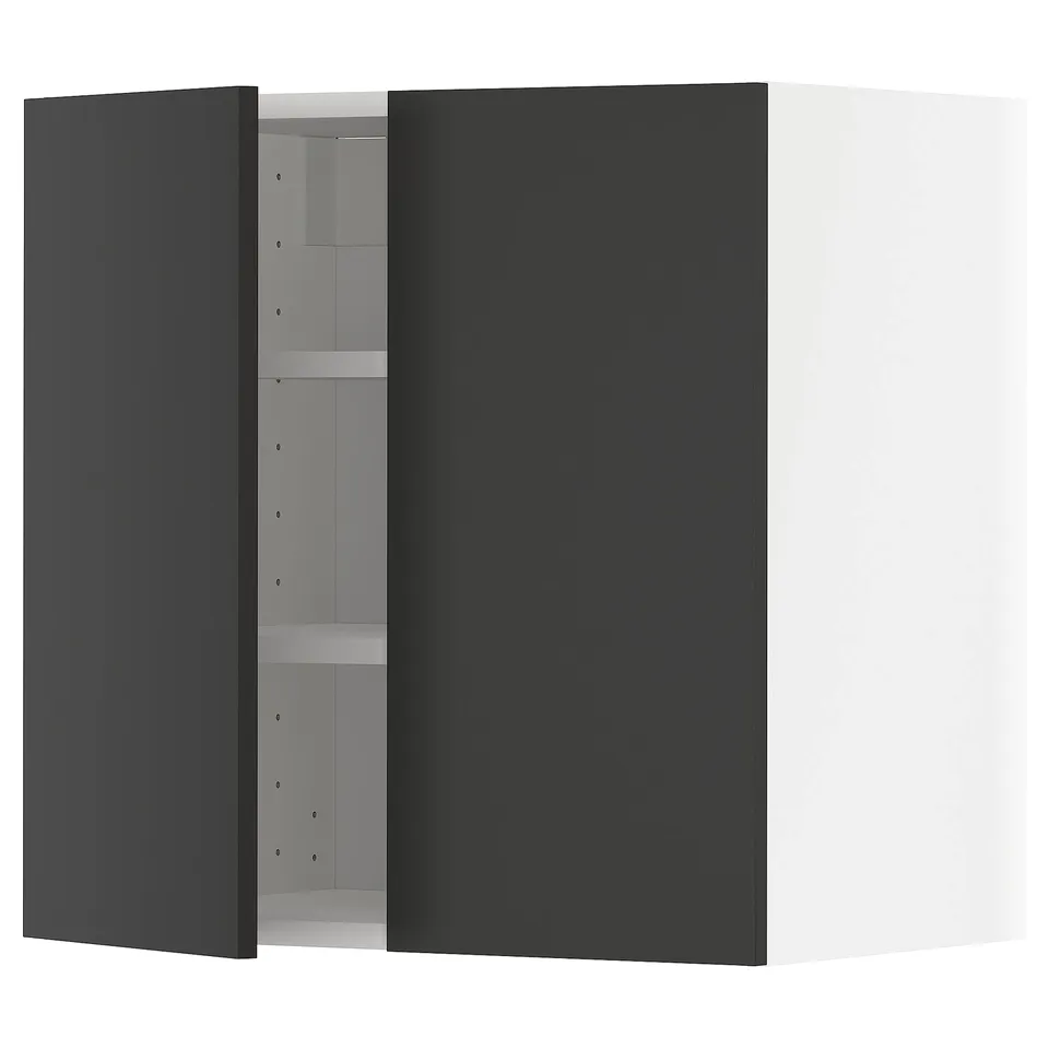 Black kitchen cabinet with adjustable shelves, modern design.