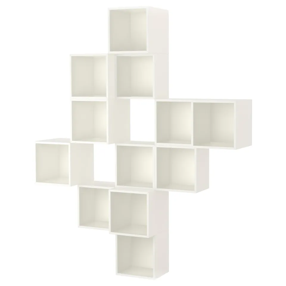 A white, modular wall-mounted storage unit named EKET with multiple cube-shaped compartments.