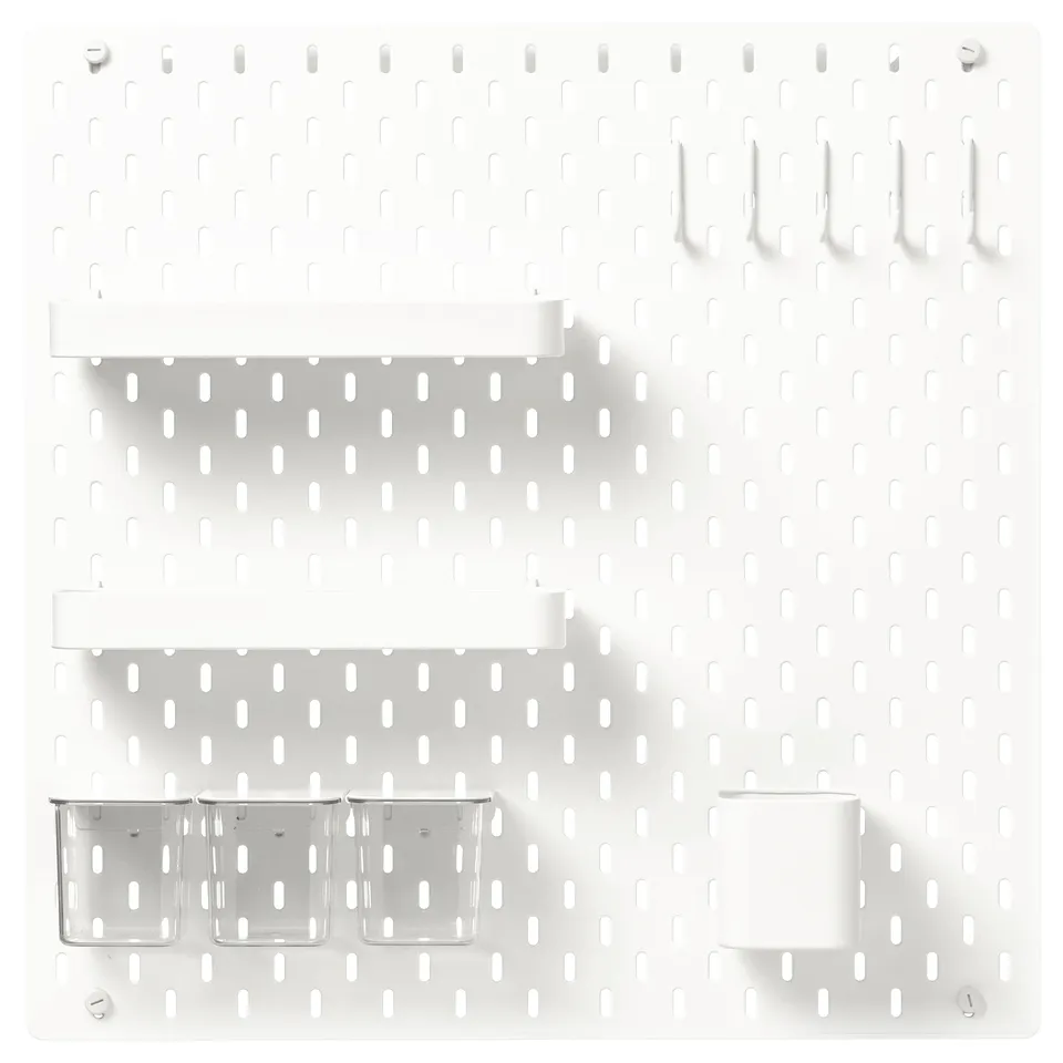 SKÅDIS white pegboard with clear plastic containers and shelves, versatile wall storage solution.
