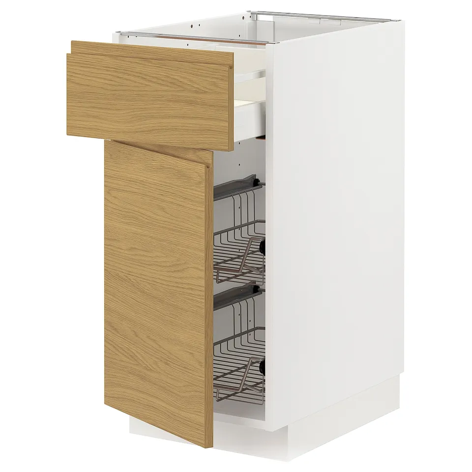 Modern kitchen cabinet: white METOD with light wood panels and metal racks.