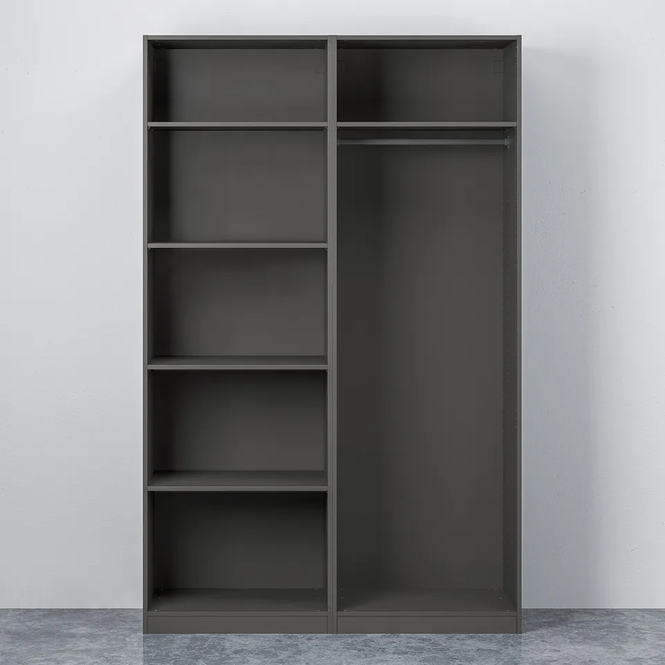 Black PAX wardrobe with sliding doors, empty shelves, adjustable feet, designed for wall attachment.