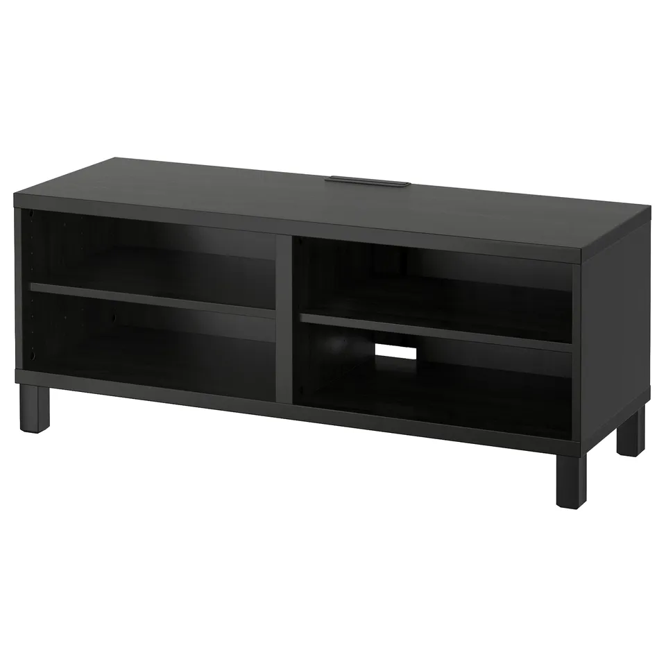 Black BESTÅ tv stand open storage with adjustable shelves and cable outlets, crafted from particleboard and fiberboard with a modern design.