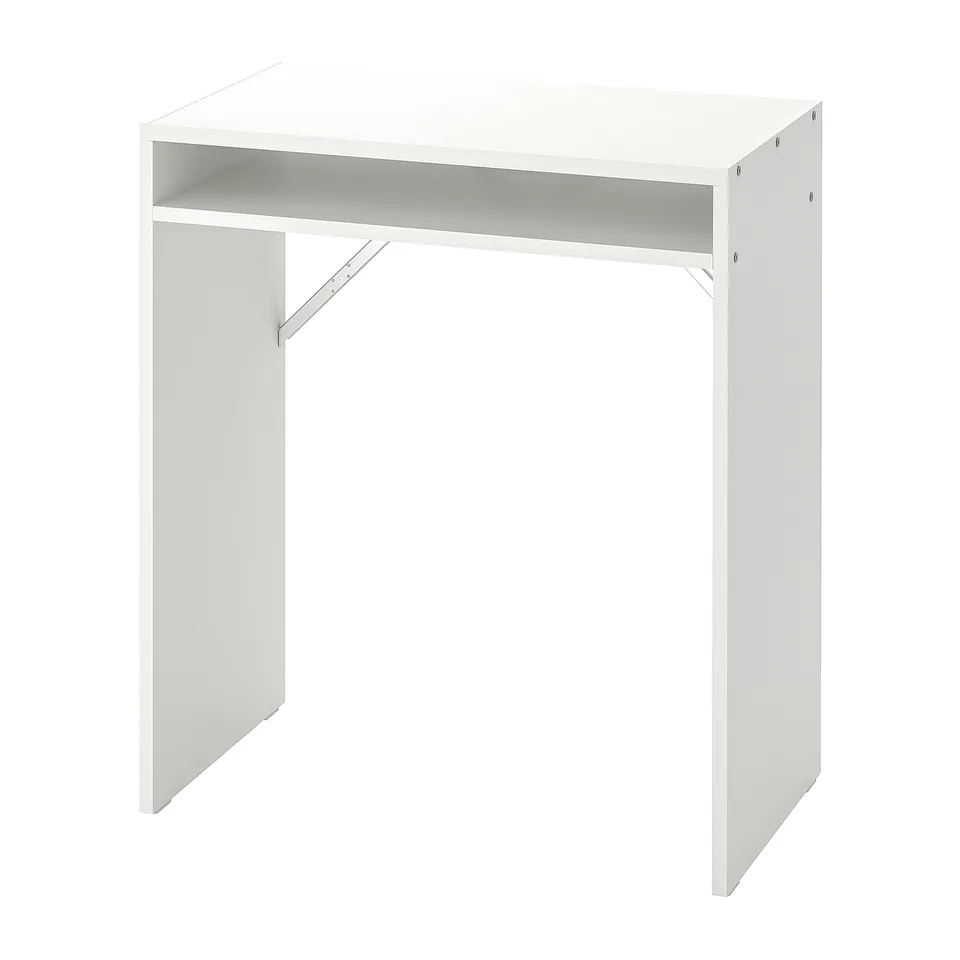 TORALD white desk with open shelf, minimalist design. Melamine and particleboard. Ideal for small spaces.