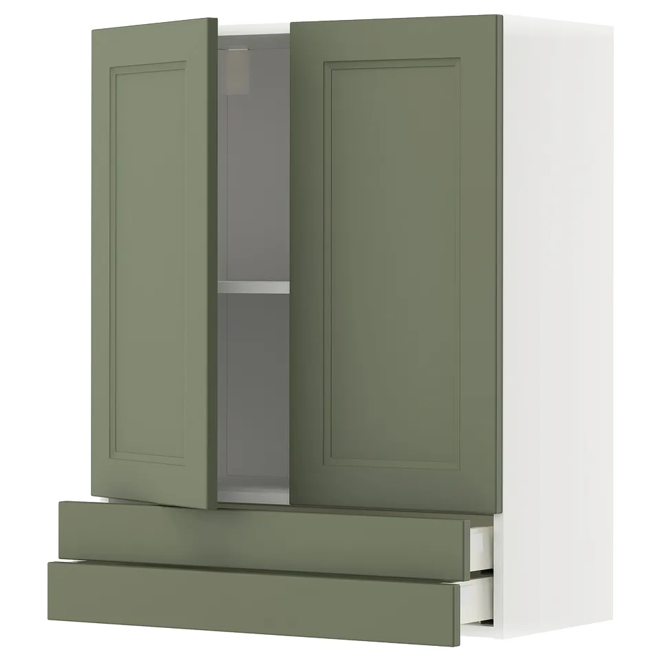 Modern kitchen unit: green METOD cabinet with two doors, two shelves, and drawer; sleek, versatile design.