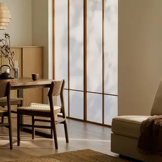 Dining table + dining chair + sideboard set: table + chair ×4 + storage combination w sliding doors, oak veneer brown stained + brown beech + oak veneer/clear glass, Height 75 x Length 160 x Width 85 cm