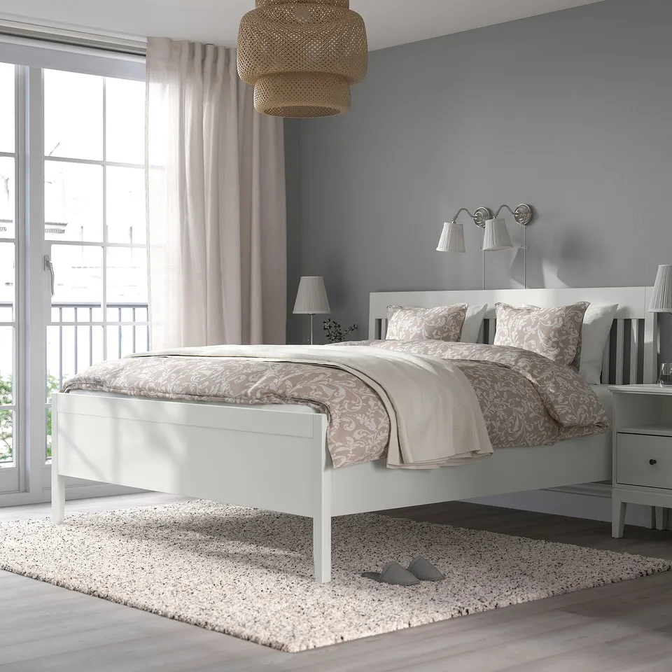 IDANÄS white wood bed, large size, carved headboard