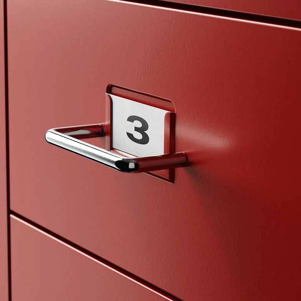 Red metal drawer with handle and label holder, numbered 3. Quality finish, clean lines.