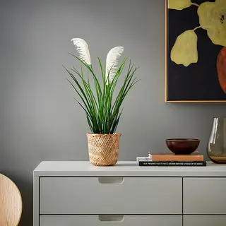 FEJKA/KLYNNON set: artificial potted plant + plant pot, in/outdoor/grass + handmade bamboo, 12 cm