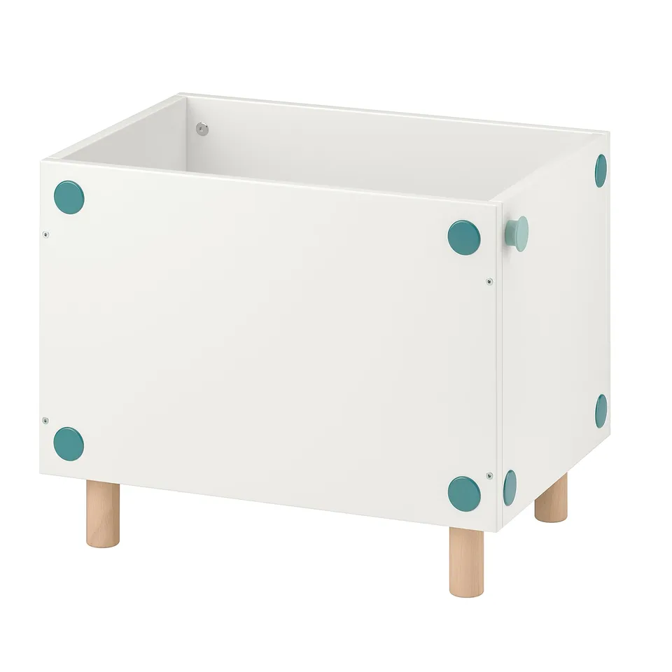 A white SMUSSLA bedside table with blue dots and wooden legs, designed for kids.