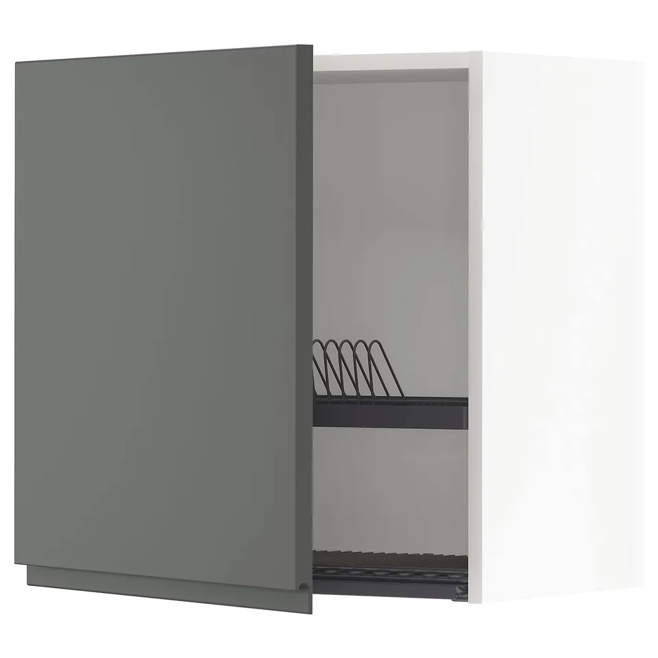 Grey kitchen cabinet with shelves, open design.