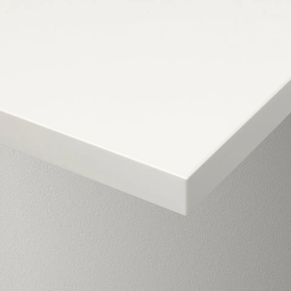 White shelf corner in minimalist setup. Shiny surface, clean edges, clearly high-quality, modern look.