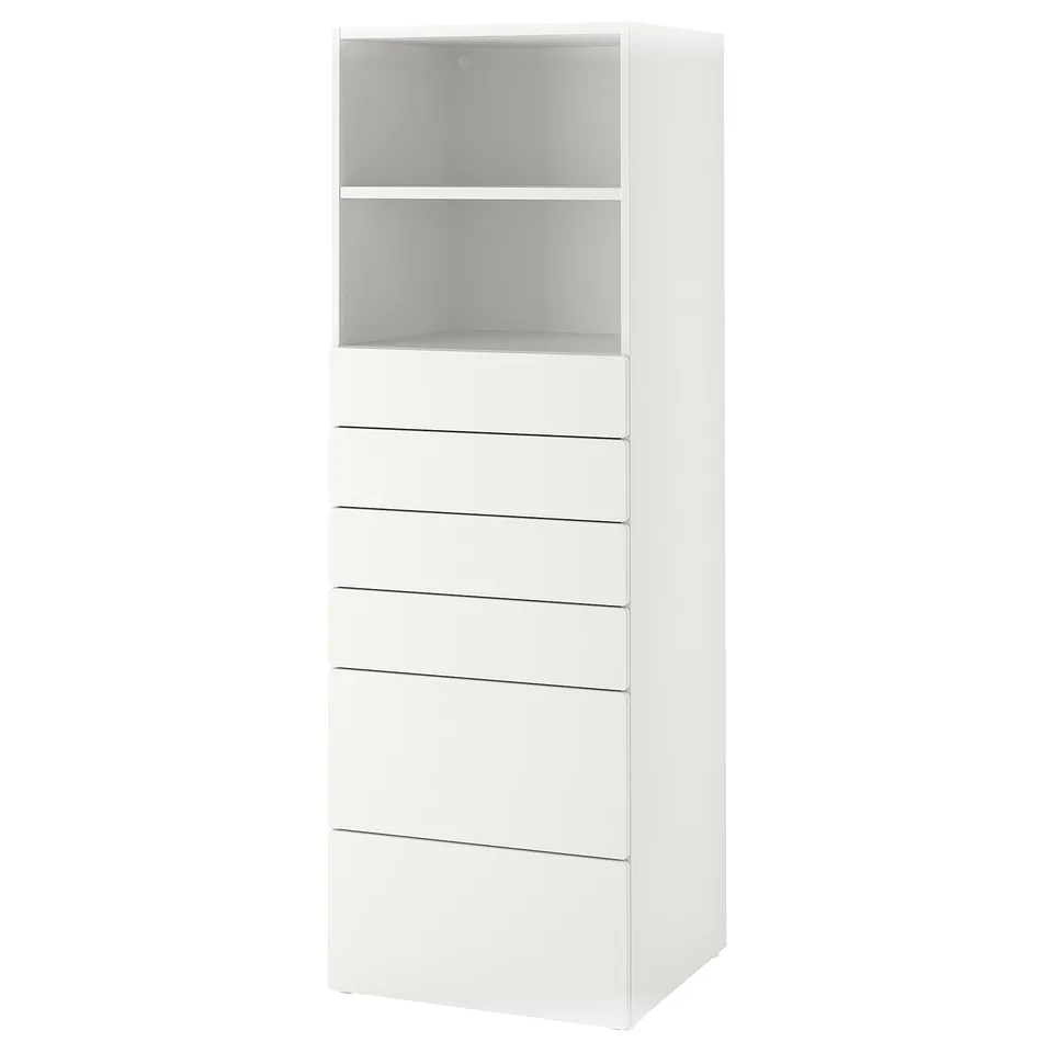 White SMÅSTAD storage unit with 5 drawers and an open shelf.