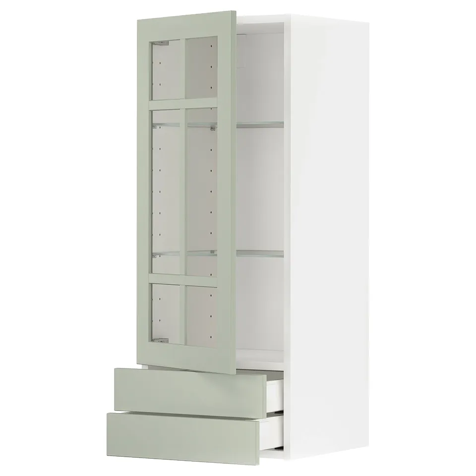 METOD kitchen cabinet: white with green glass doors, multiple shelves, modern design