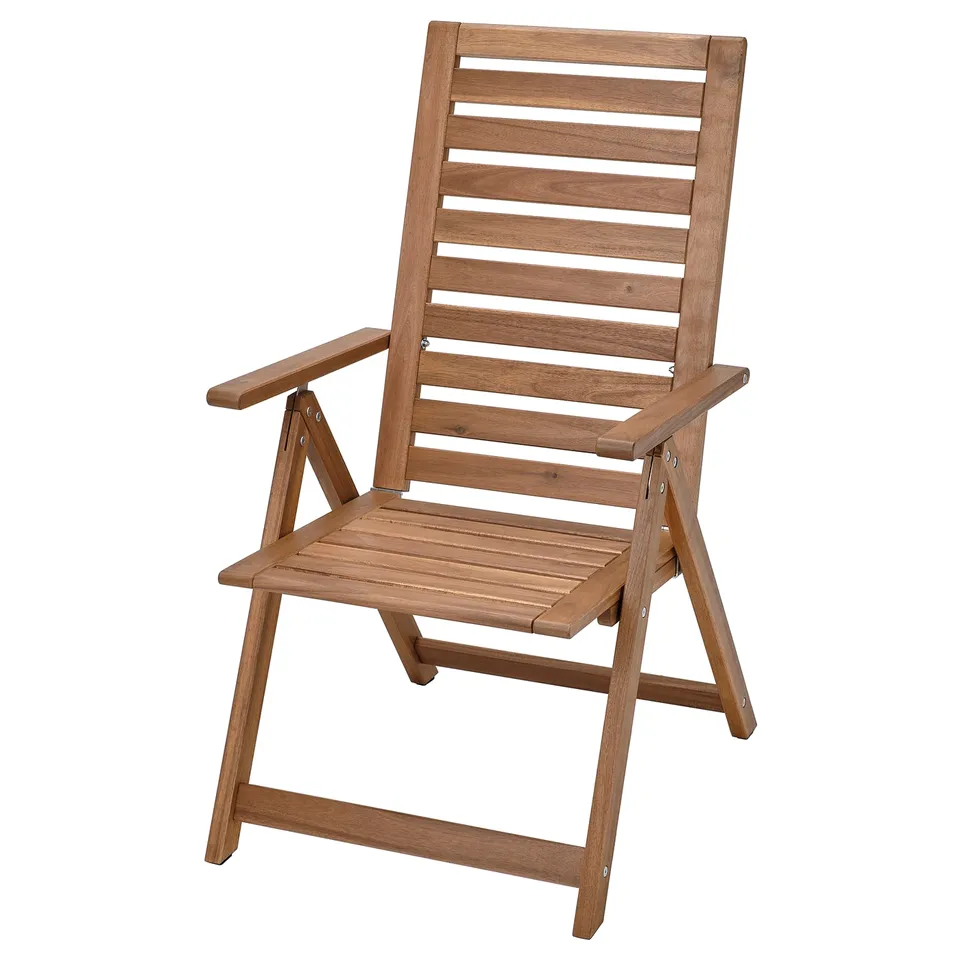Brown foldable wooden chair, slatted back & seat, with armrests. Part of NÄMMARÖ series.