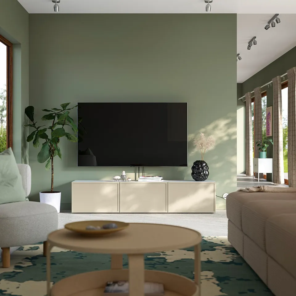 BESTÅ TV bench with doors, white/Krukmakare beige, 180x42x38 cm