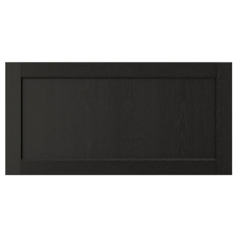 LERHYTTAN black wooden kitchen drawer front with bevelled edges and veneer panel.