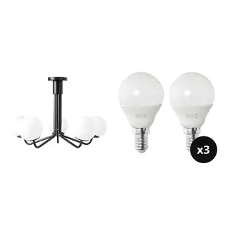 GLANSSLINKE/SOLHETTA set: chandelier, 5-armed + LED bulb E14 470 lumen x3, globe opal white, Height 45 cm