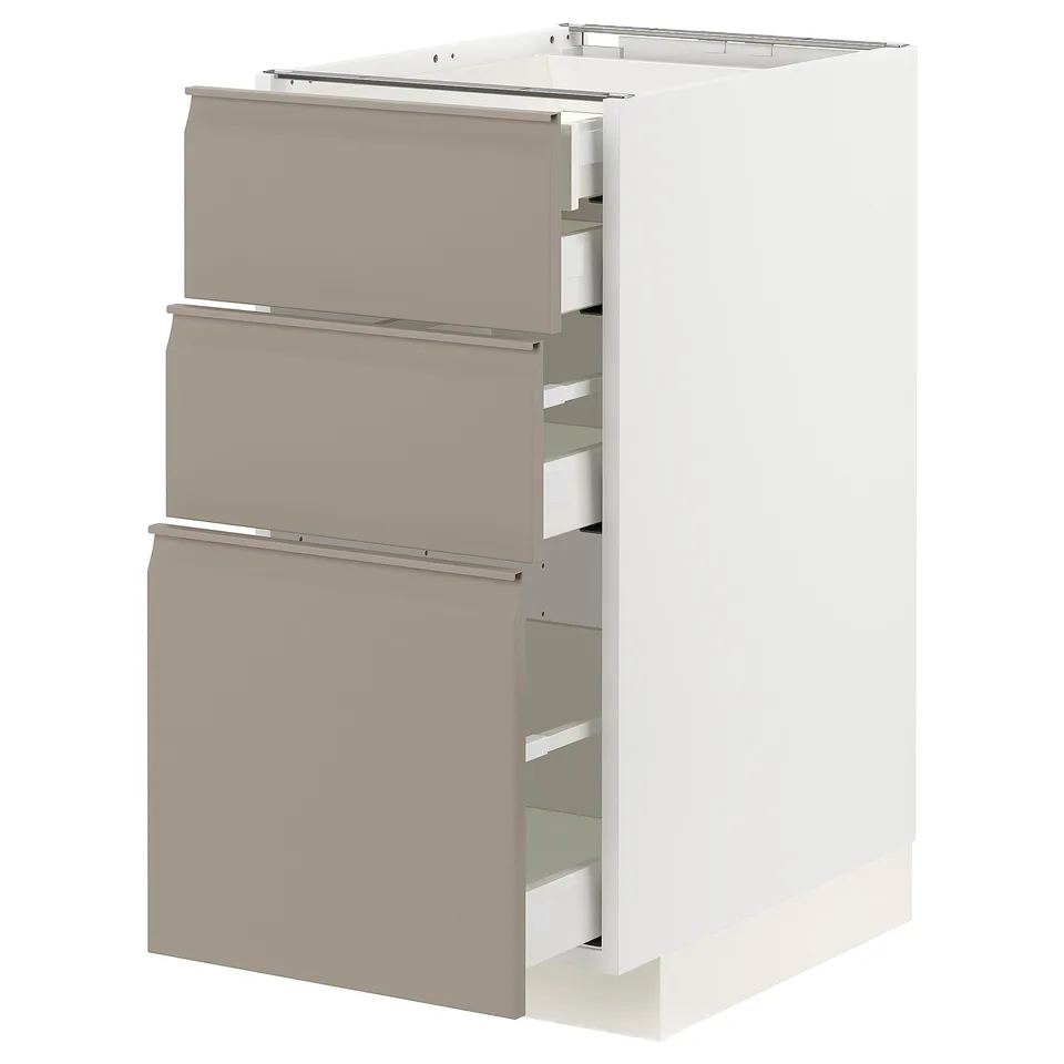 Modern kitchen cabinet: METOD with upplöv grey-beige drawers, featuring integrated handles and soft-close drawers.