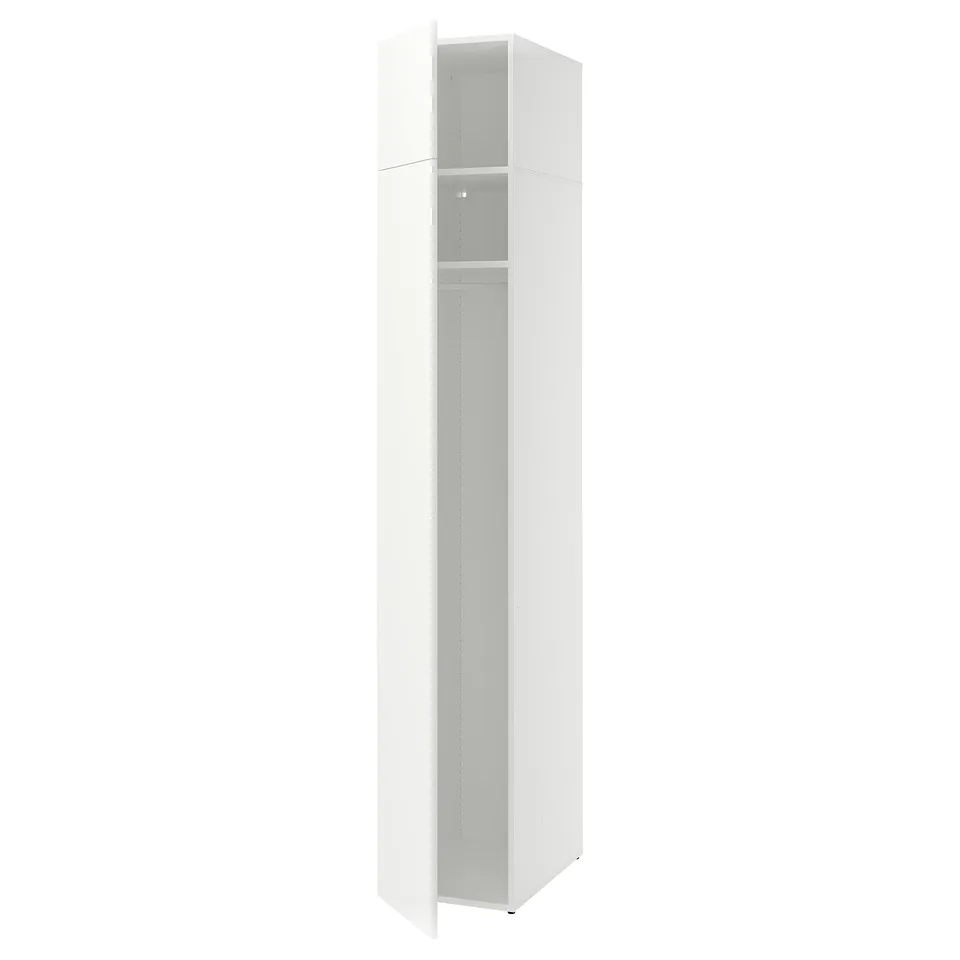 A white LASTARE wardrobe with one open door, revealing shelves inside.