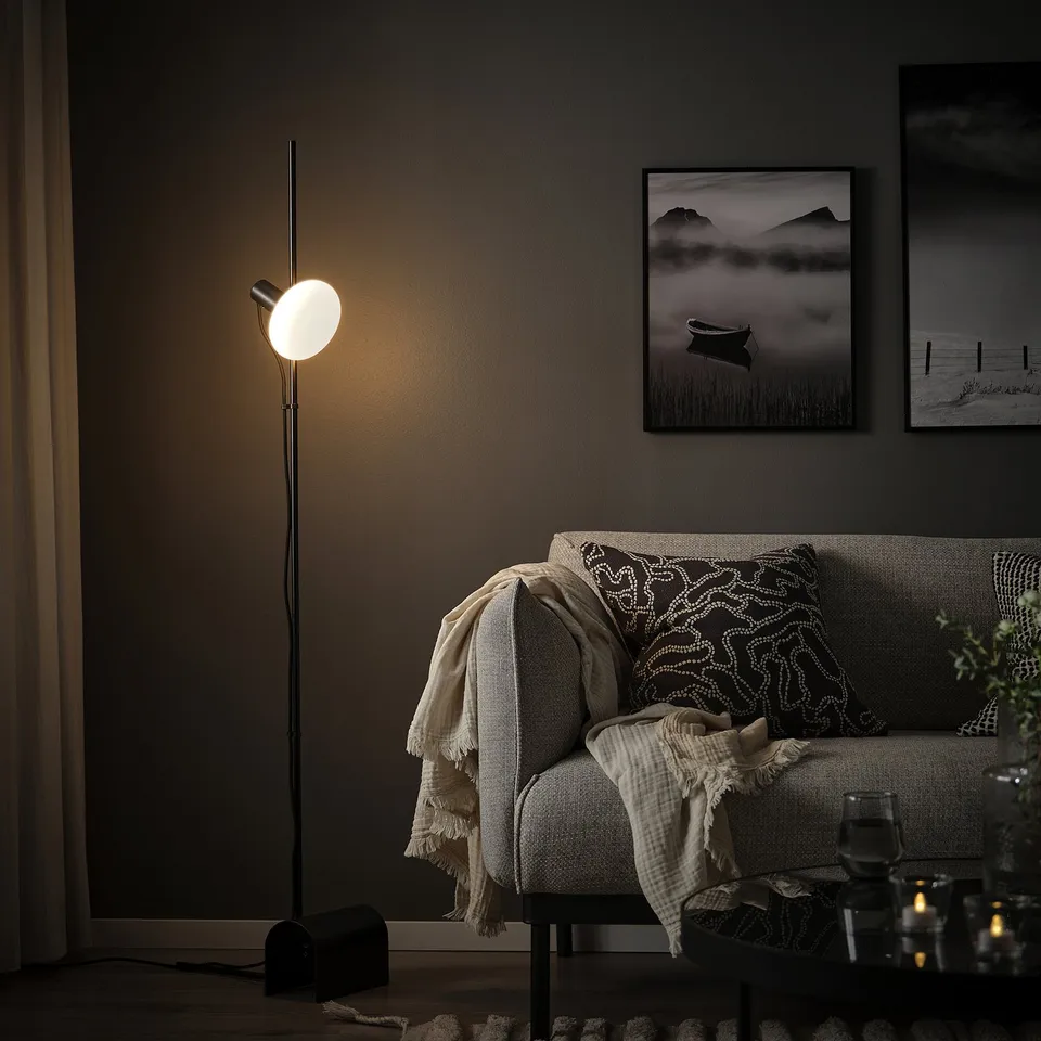 Cosy living room with grey sofa, white throw, floor lamp, and framed wall art.