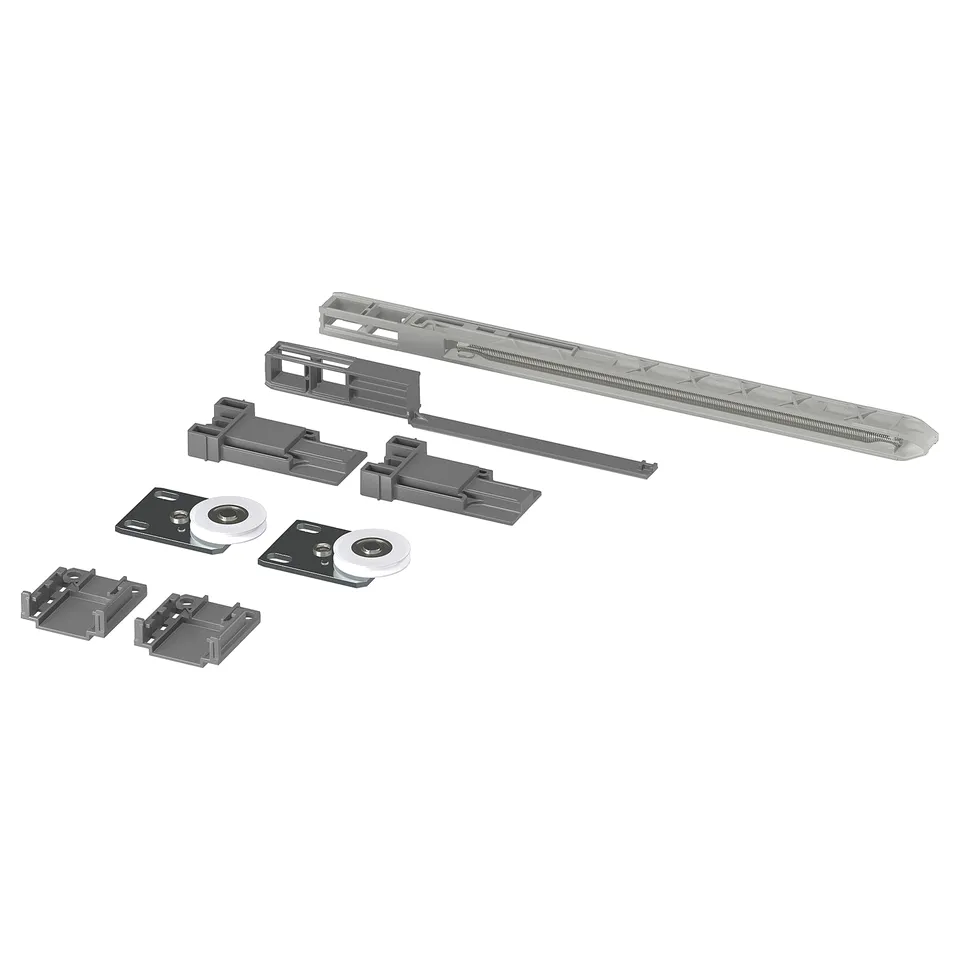 SKYTTA sliding door fitting kit, grey, steel and plastic parts, various shapes for easy installation.