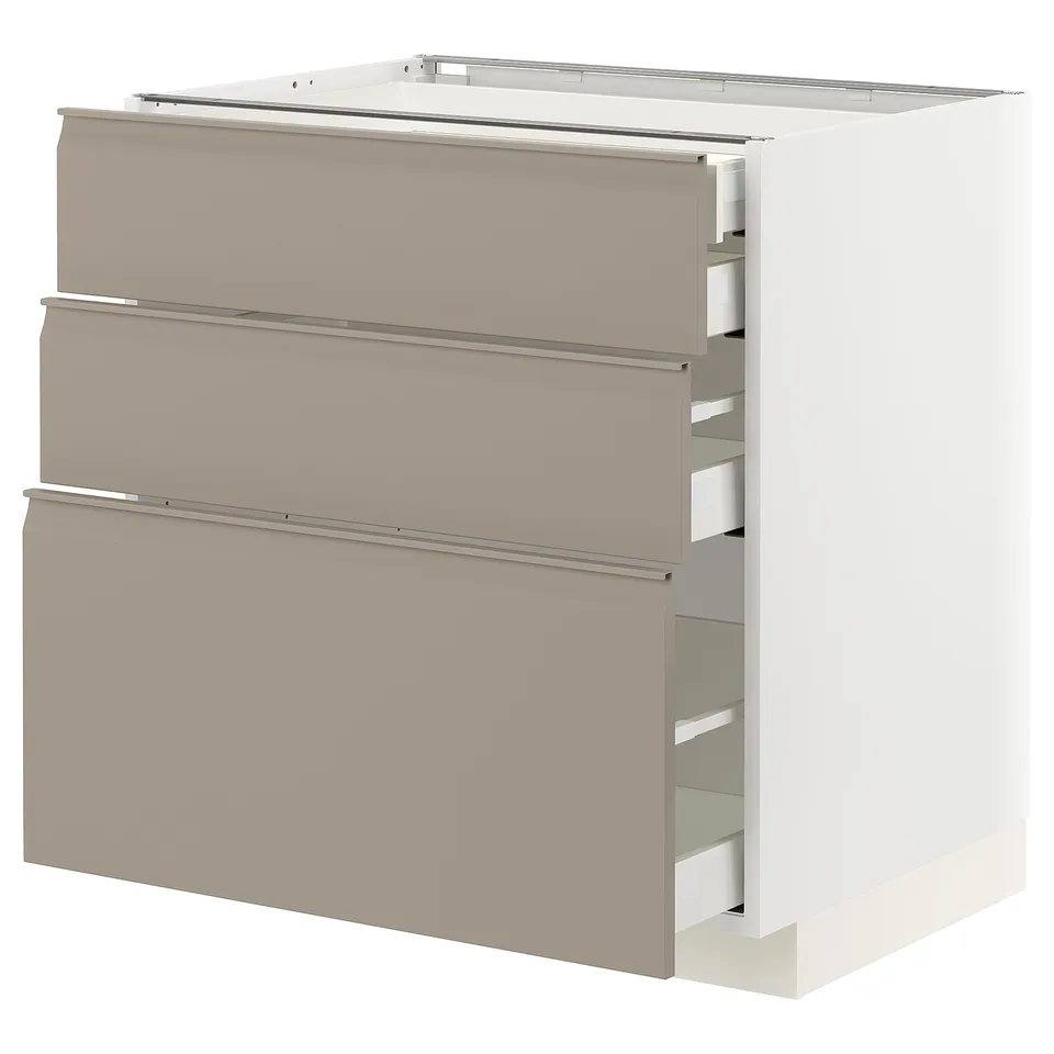 Modern kitchen cabinet, beige, three drawers, sleek handles, sturdy design.
