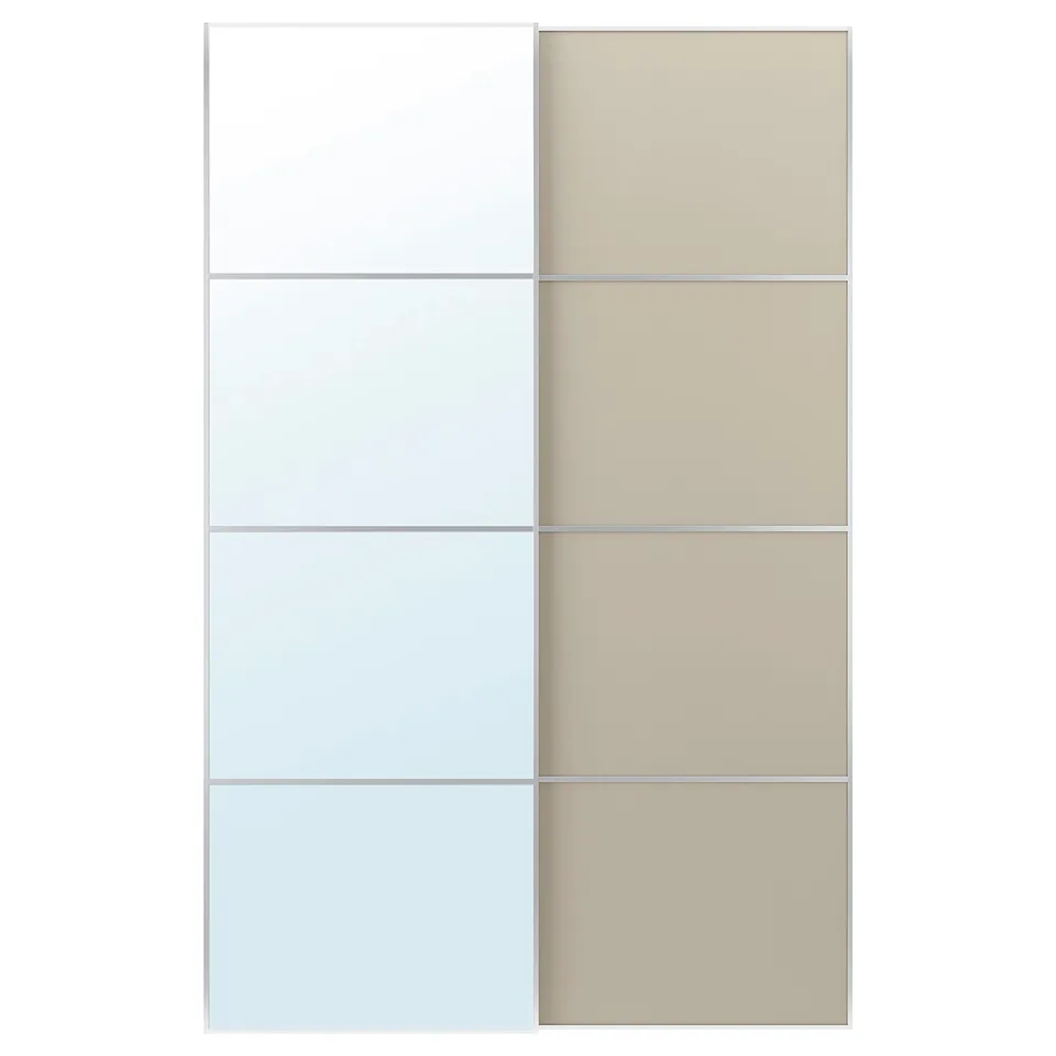 Mirrored & wood-tone sliding closet doors, 4-panel design with soft-close mechanism.
