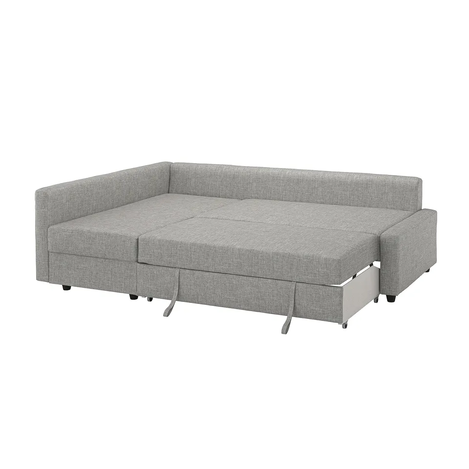 Grey FRIHETEN sleeper sofa with storage. Modern design, convertible for guests.