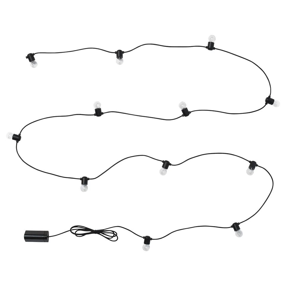 UTSUND black string lights, 10 clear bulbs, flexible design, battery-powered.