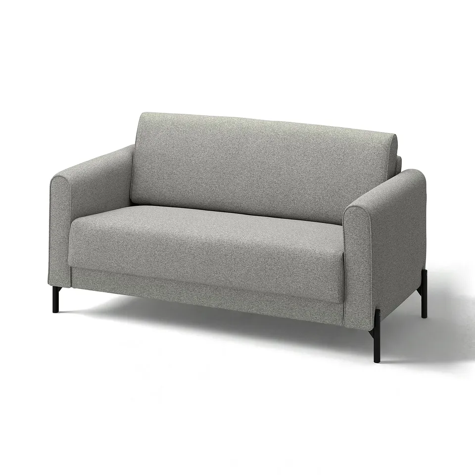 Modern grey fabric sofa with slim black metal legs, rounded edges, and minimalist design.
