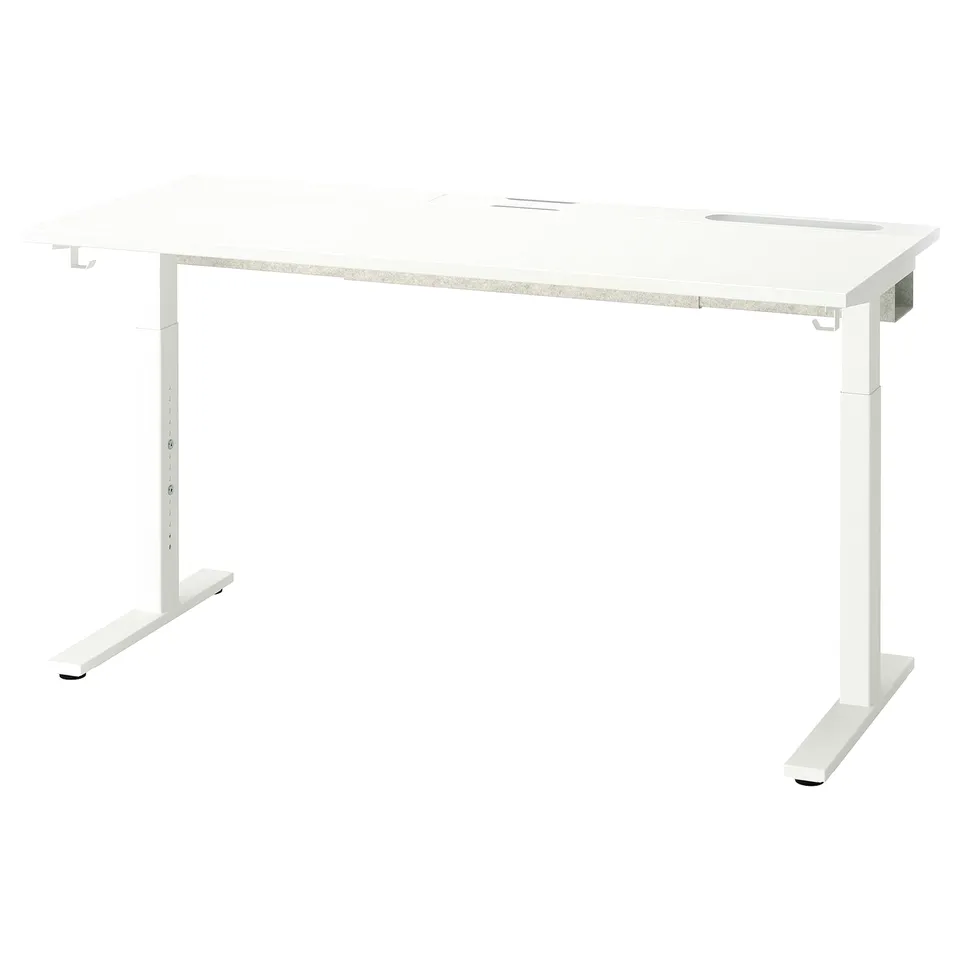 MITTZON white desk, adjustable width, steel base, rectangular shape, modern design.