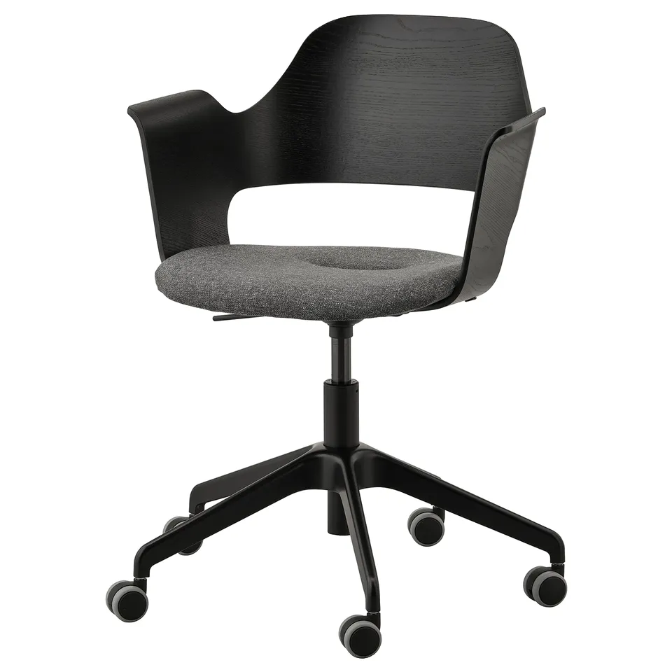 New black FJÄLLBERGET office chair, sleek, modern with armrests and wheels for easy mobility.