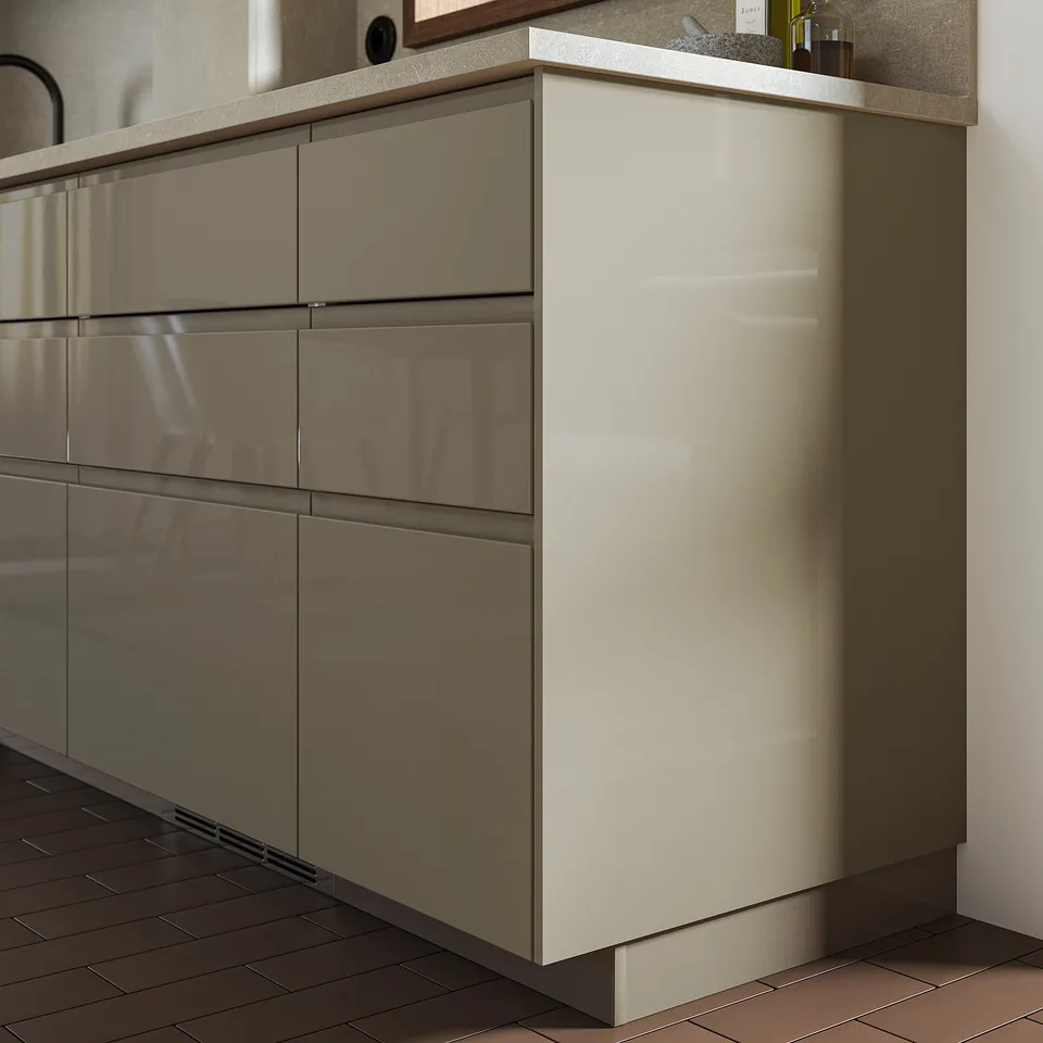VOXTORP drawer in sleek grey with glossy finish, seamless design.